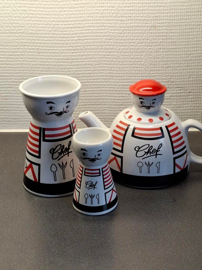 Chef theepot, melkkan en eierdopje set, Ophalen of Verzenden, Gebruikt