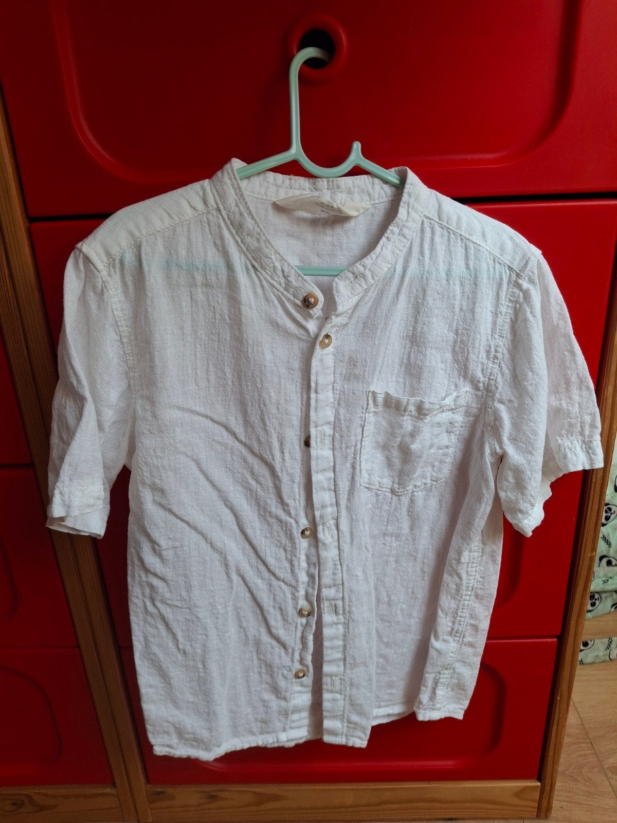 H&M Wit Linnen overhemd met korte mouwen, maat 128, Wit, Ophalen of Verzenden, Zo goed als nieuw, Overige halswijdtes