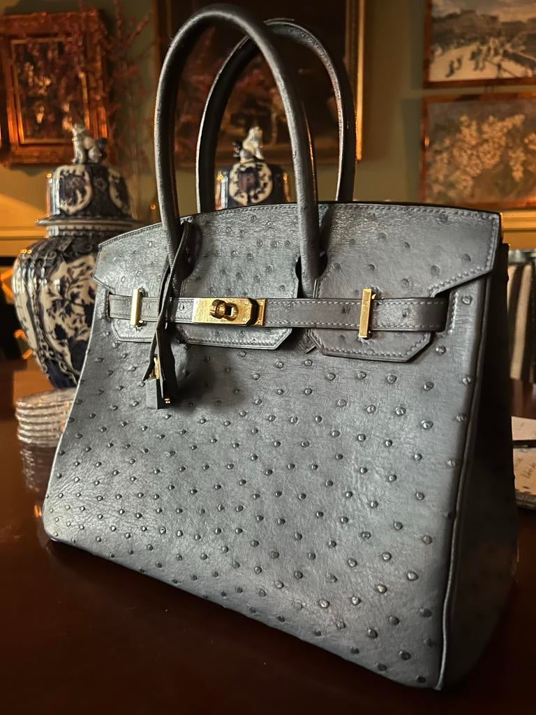 Luxe handtas van struisvogelleer - blauw hermes tas, Verzenden, Zo goed als nieuw, Grijs, Handtas