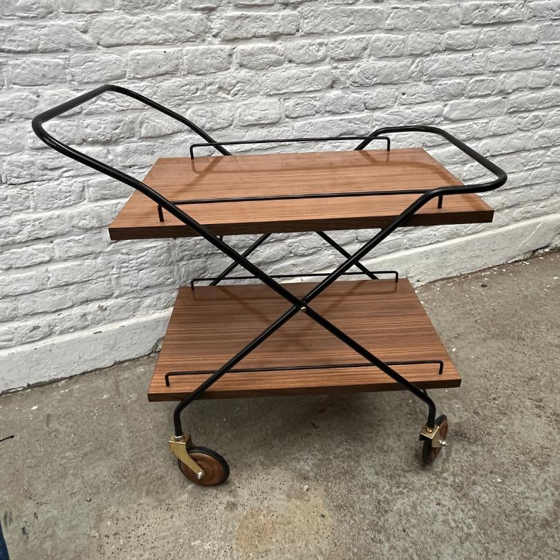 Vintage serveerwagen/barcart zwartstaal houtlook midcentury, Ophalen, Gebruikt, Onbekend, Onbekend
