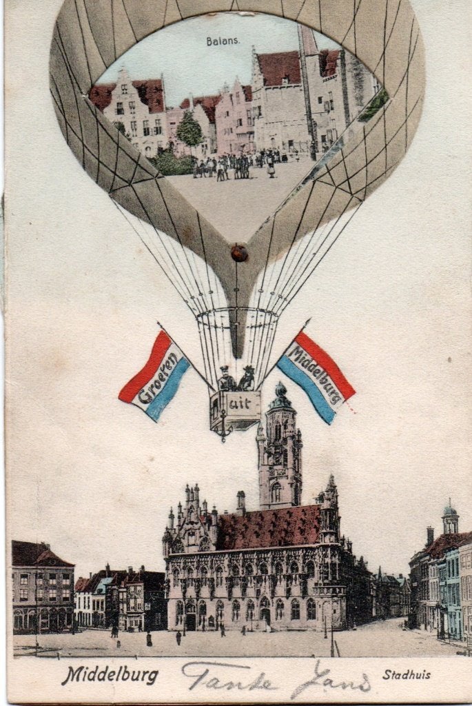Middelburg, Ballonkaart met verschillende Stadsgez. 7550, Verzamelen, Ansichtkaarten | Nederland, Ophalen of Verzenden, Voor 1920