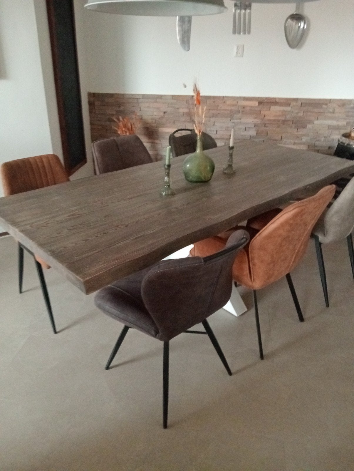 Eettafel met mangohouten blad en 6 stoelen, Huis en Inrichting, Overige houtsoorten, Gebruikt, 200 cm of meer, Vijf personen of meer