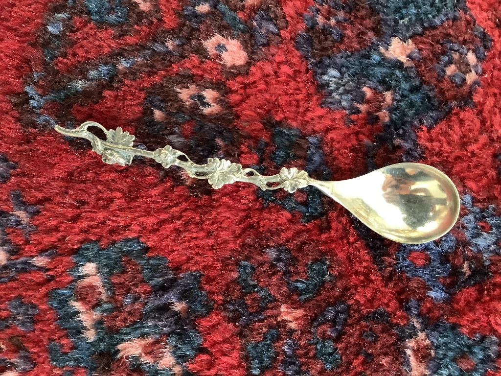 Zilveren jamlepel, schep met bladrank, 16 cm, 24 gr, gekeurd, Antiek en Kunst, Ophalen, Zilver