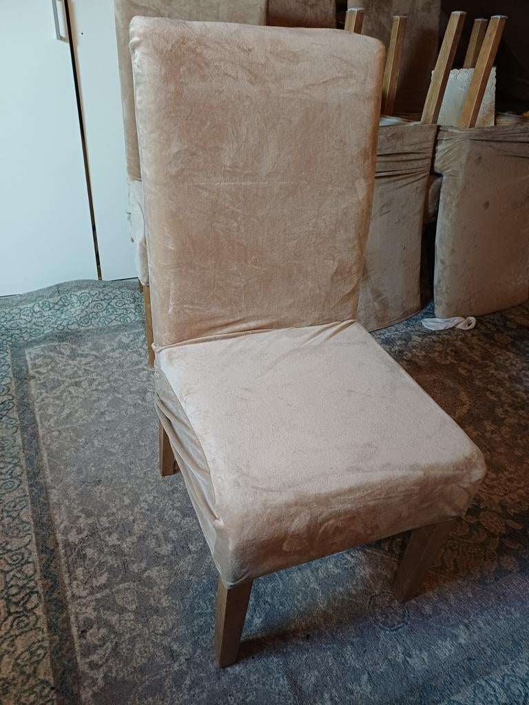 Elegante eetkamerstoel met beige velours hoes, Gebruikt, Overige kleuren, Ophalen of Verzenden, Stof