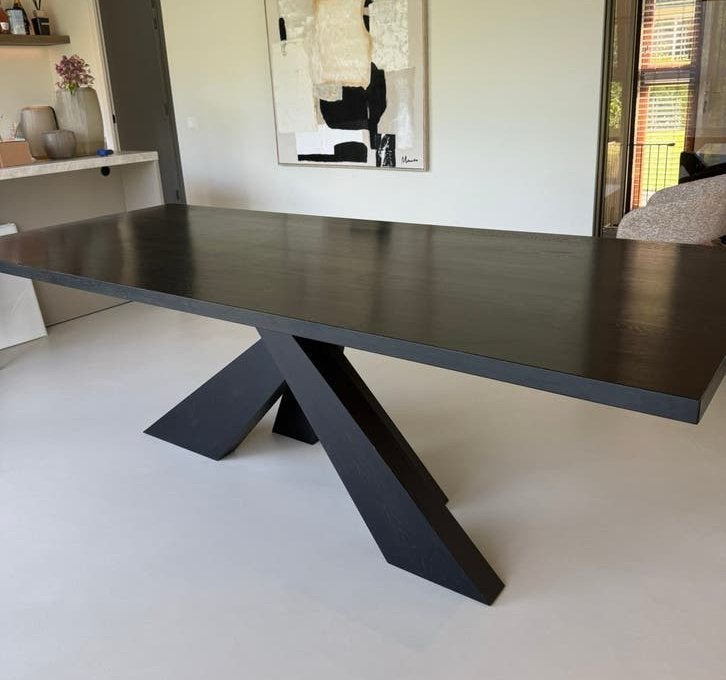 Zwarte eiken eettafel gekruiste poot 240x100 cm, Ophalen, Eikenhout, 200 cm of meer, 50 tot 100 cm
