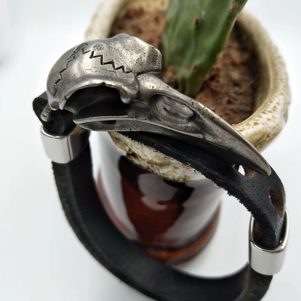 Zwarte Odin Leren Heren Armband / Viking Schedel Raaf, Verzenden, Nieuw, Zwart, Leer