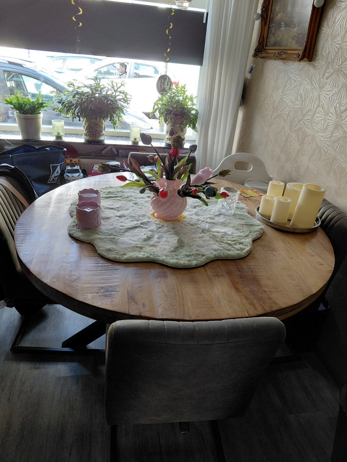 Ronde mangohouten eettafel (doorsnee 140 cm), Huis en Inrichting, Gebruikt, Rond, Vier personen, Ophalen