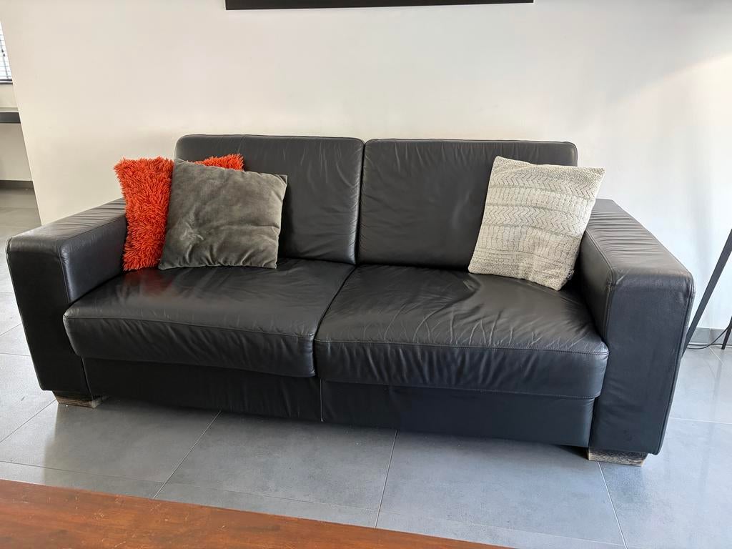 2 Zwart lederen bankstel N-joy van Goossens - Goede staat, Huis en Inrichting, Banken | Bankstellen, Ophalen, Gebruikt, 150 tot 200 cm