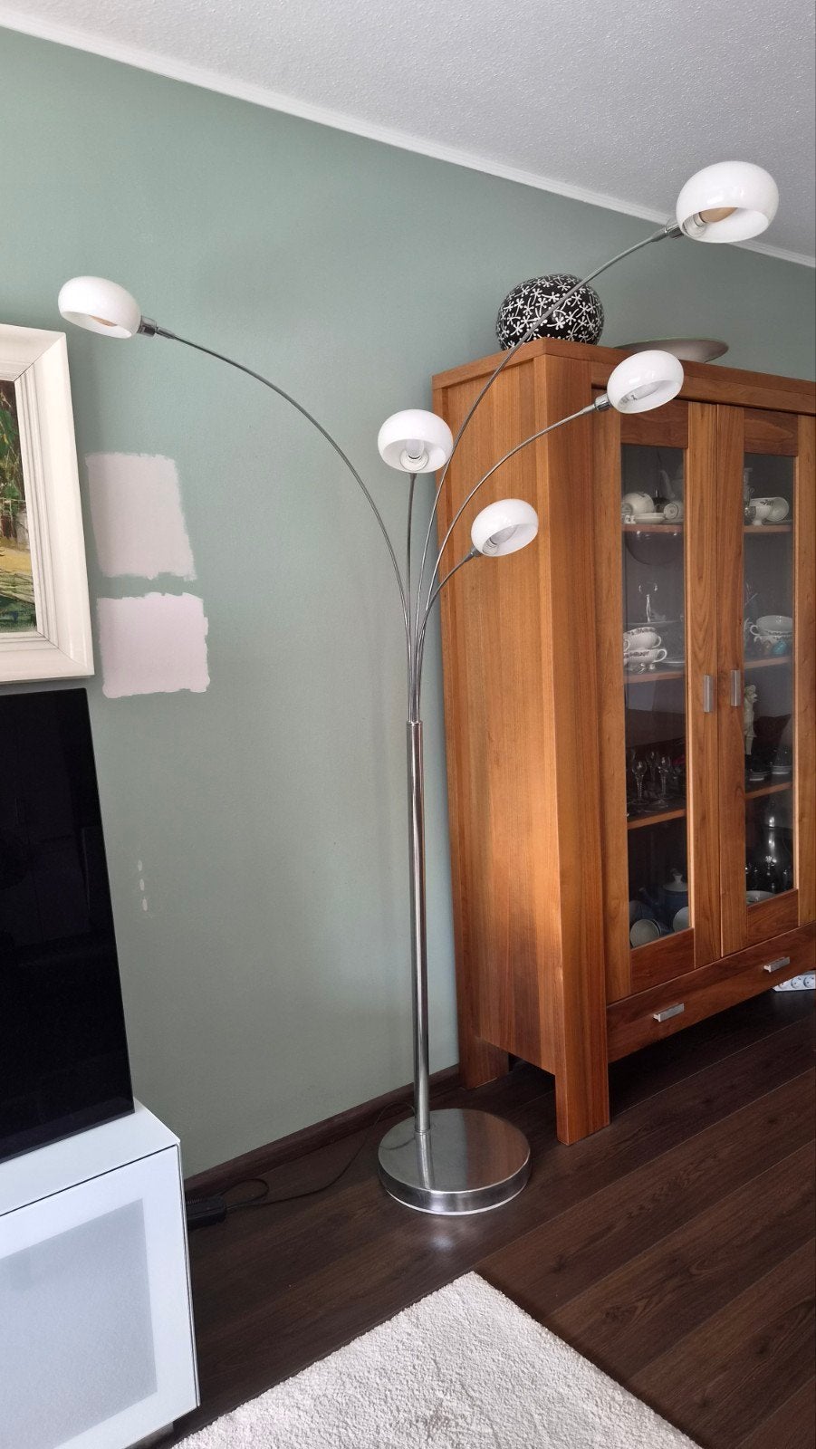 Moderne booglamp met 5 lichtpunten en dimmer, Huis en Inrichting, Ophalen, Gebruikt, E14 (klein), Glas