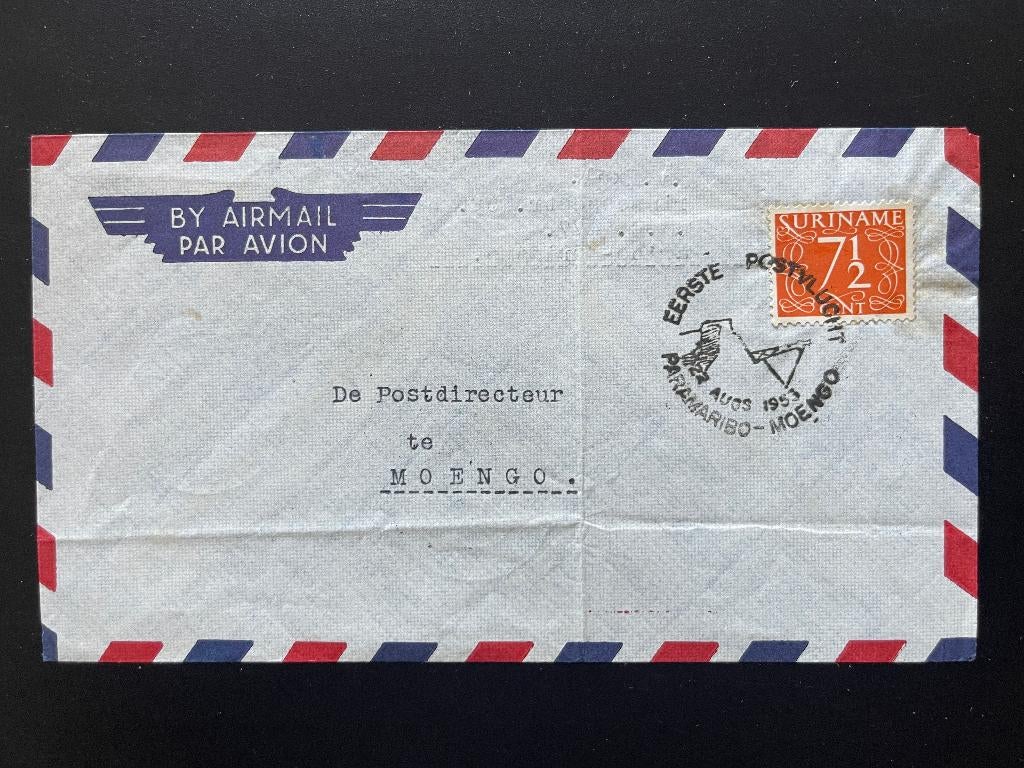 Suriname eerste Postvlucht Moengo Paramaribo 22 aug 1953, Ophalen of Verzenden, Gestempeld