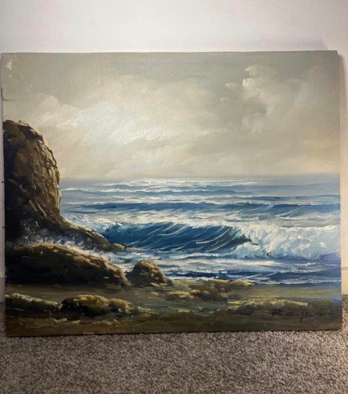 Vintage Olieverf Schilderij: Dynamisch Zeegezicht met Rotsen, Antiek en Kunst, Kunst | Schilderijen | Klassiek, Vintage, Olieverf