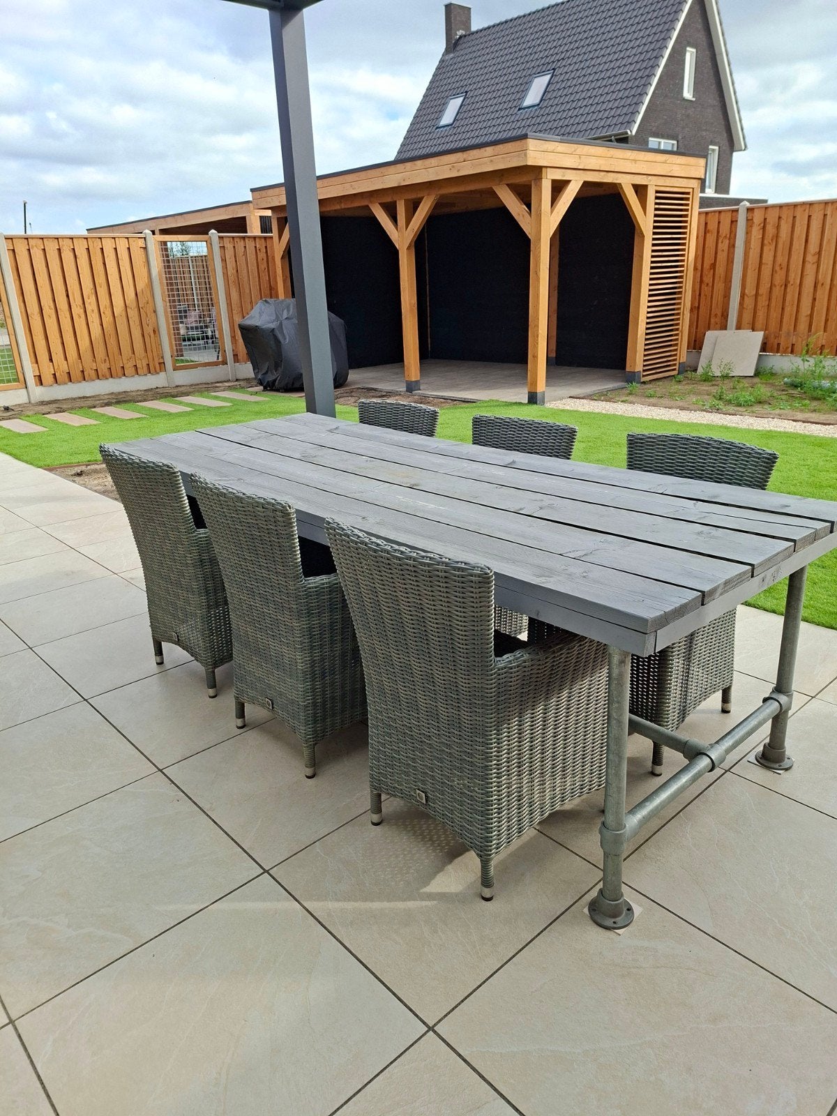 Tuintafel steigerhout/buis incl. stoelen, Tuin en Terras, Ophalen, Gebruikt, Rechthoekig, Hout