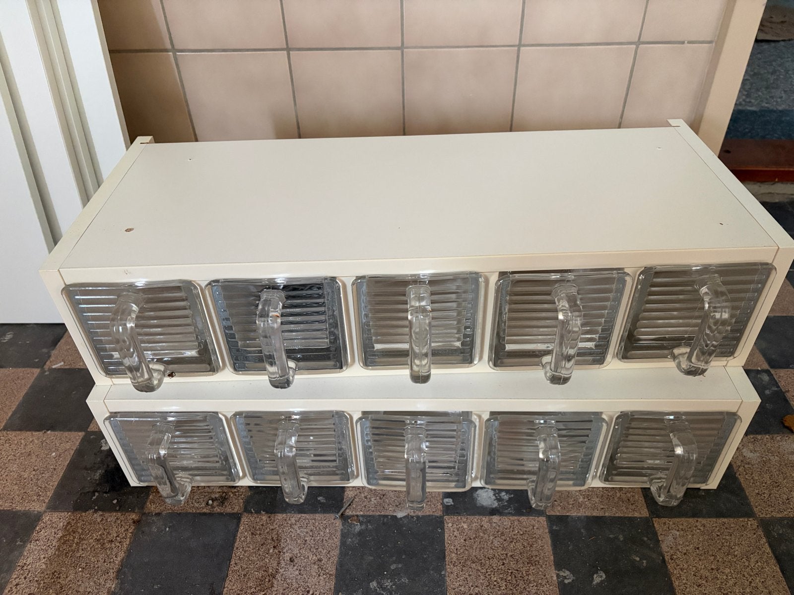 Vintage kruidenrek met glazen lades - 10 stuks, Ophalen