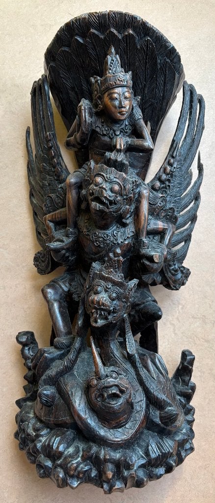 Prachtig groot beeld van Vishnu op Garuda, Bali, Hout, 40 cm, Bruin, Ophalen of Verzenden