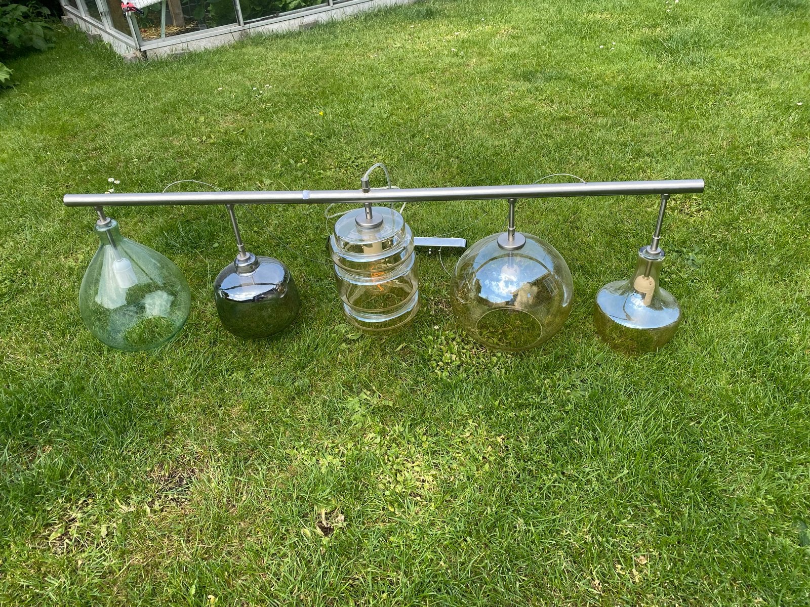 Prachtige hanglamp met 5 glazen kappen - Intergamma Quint, Huis en Inrichting, Ophalen, Gebruikt, Glas