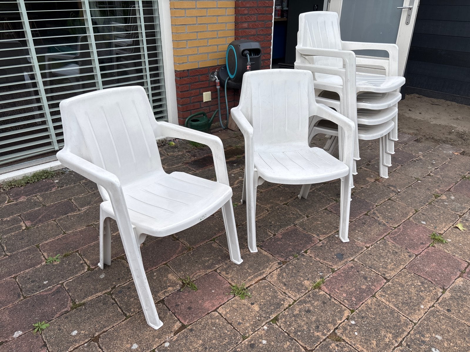 6x Stevige witte tuinstoelen van JARDIN, Ophalen, Gebruikt, Kunststof, Stapelbaar