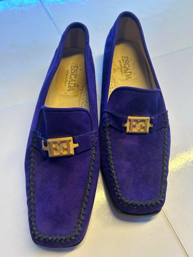 Escada Paarse Suède Instappers - Maat 37, Ophalen, Zo goed als nieuw, Overige kleuren, Espadrilles of Moccasins