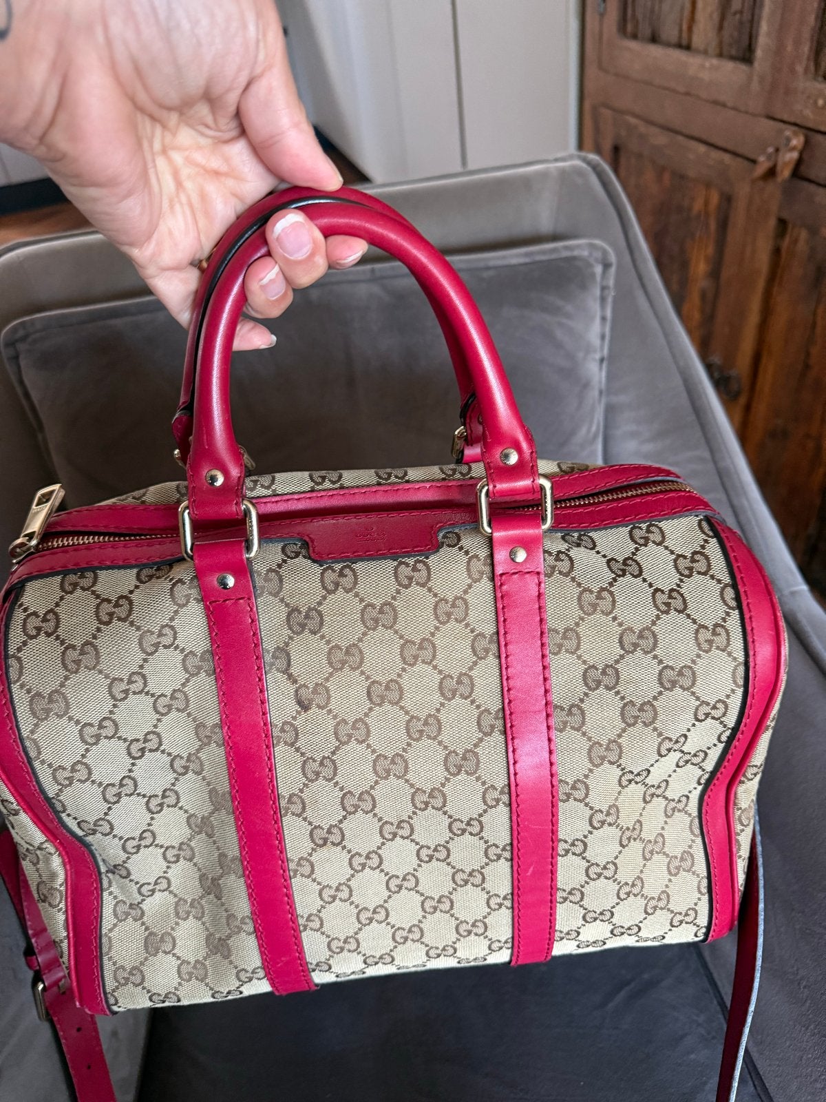 Originele Gucci Boston Bag met Roze Leren Accenten, Ophalen of Verzenden, Gebruikt, Roze, Handtas