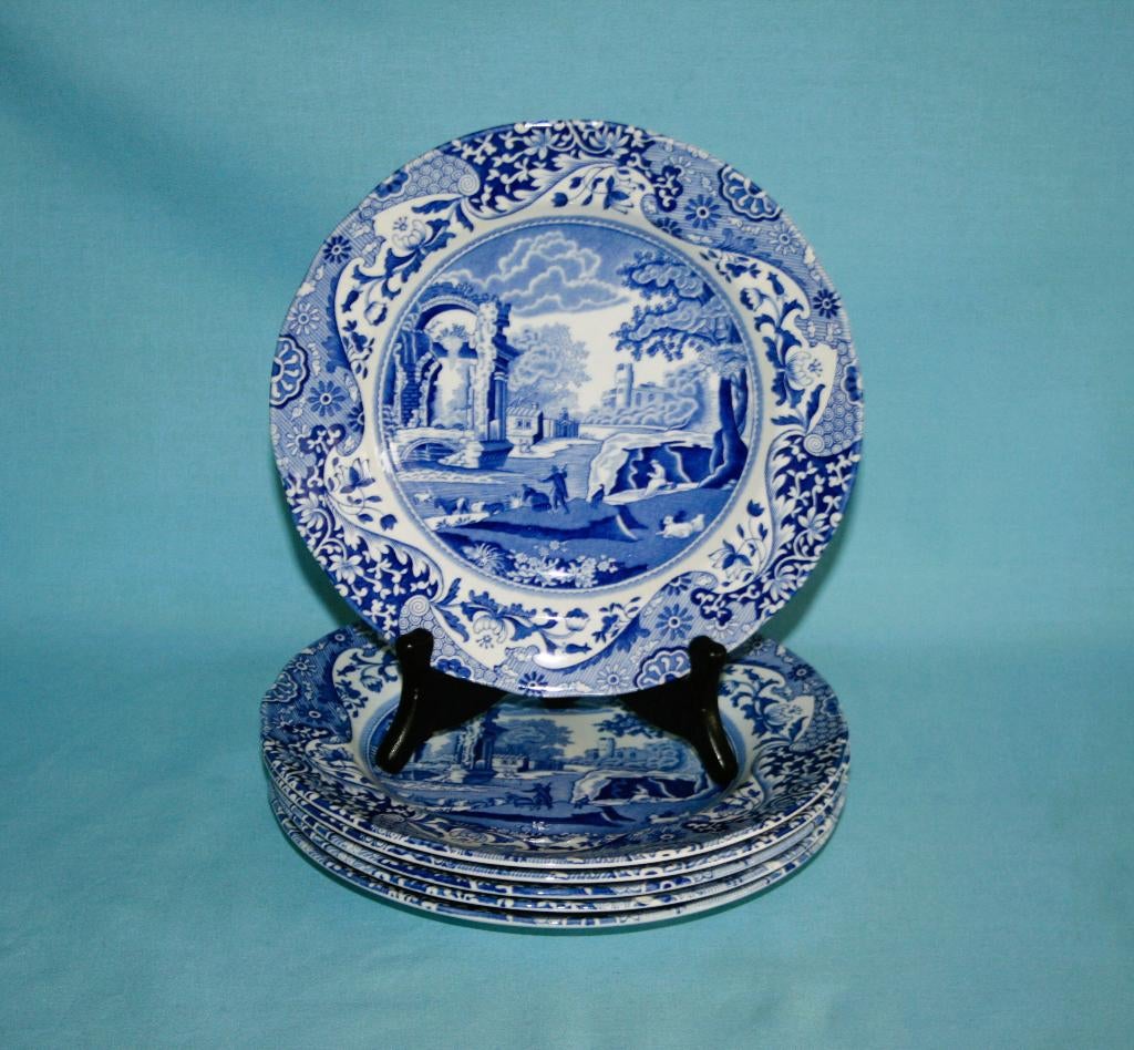 Spode " Italian Blue " 6 x Lunchborden 19cm - Zwarte stempel, Ophalen of Verzenden, Zo goed als nieuw, 2de Hands, Bord(en)