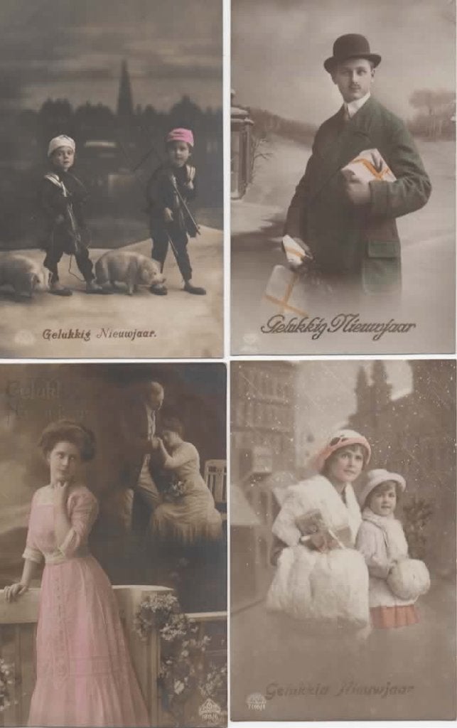 Fantasie 4x Gelukkig Nieuwjaar 1, Verzamelen, Verzenden, Voor 1920, Feest(dag)