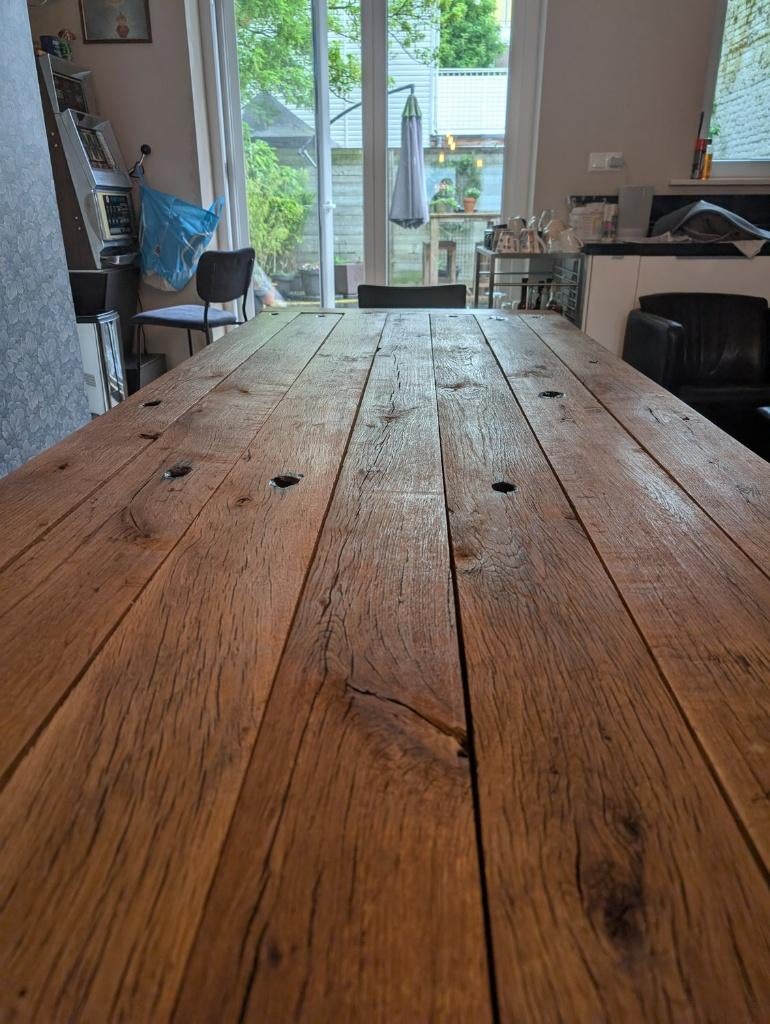 Robuuste Eiken JORG Tafel (300cm) - Uniek Wagondelen Design, Ophalen, Gebruikt, 100 tot 150 cm, 200 cm of meer
