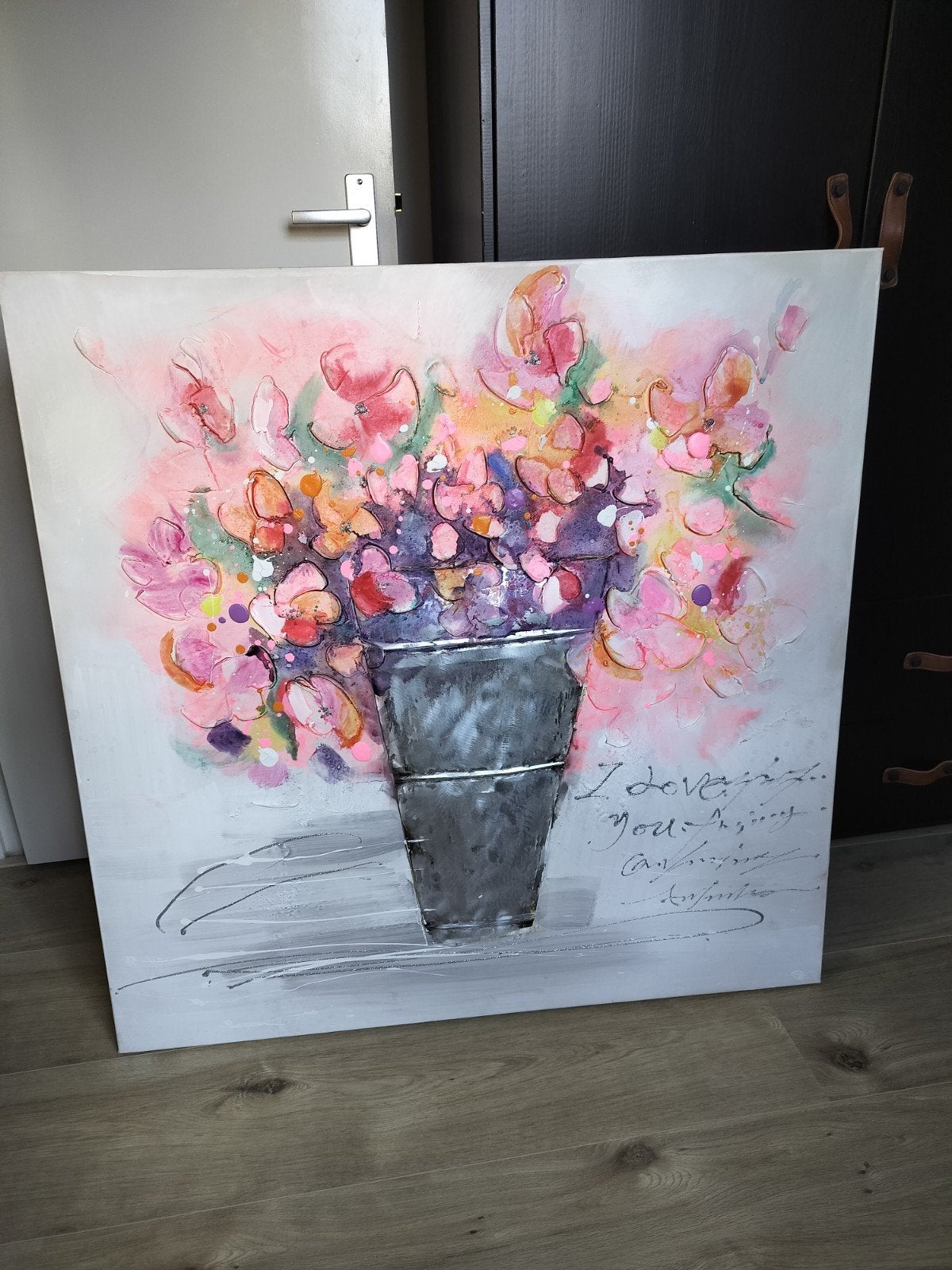 3D-schilderij: Zinken Emmer met Roze Bloemen, Ophalen, 3D-effect, Gemengde techniek, Overige materialen