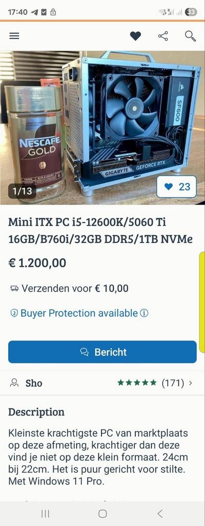 Mini ITX PC i5-12600K/RTX 5060 Ti/32GB DDR5/1TB NVMe, Computers en Software, Desktop Pc's, Met monitor, Gebruikt, 32 GB, Intel Core i5-12600K