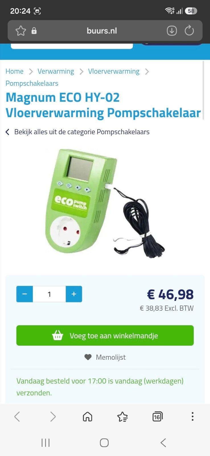 Vloerverwarming Pompschakelaar, Ophalen