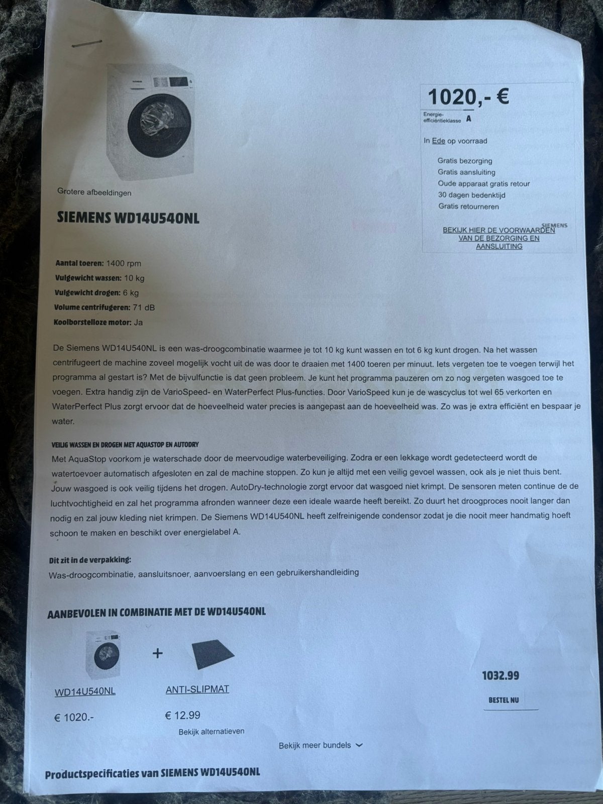 Siemens was-droogcombinatie, Ophalen, 1200 tot 1600 toeren, Gebruikt, Minder dan 85 cm