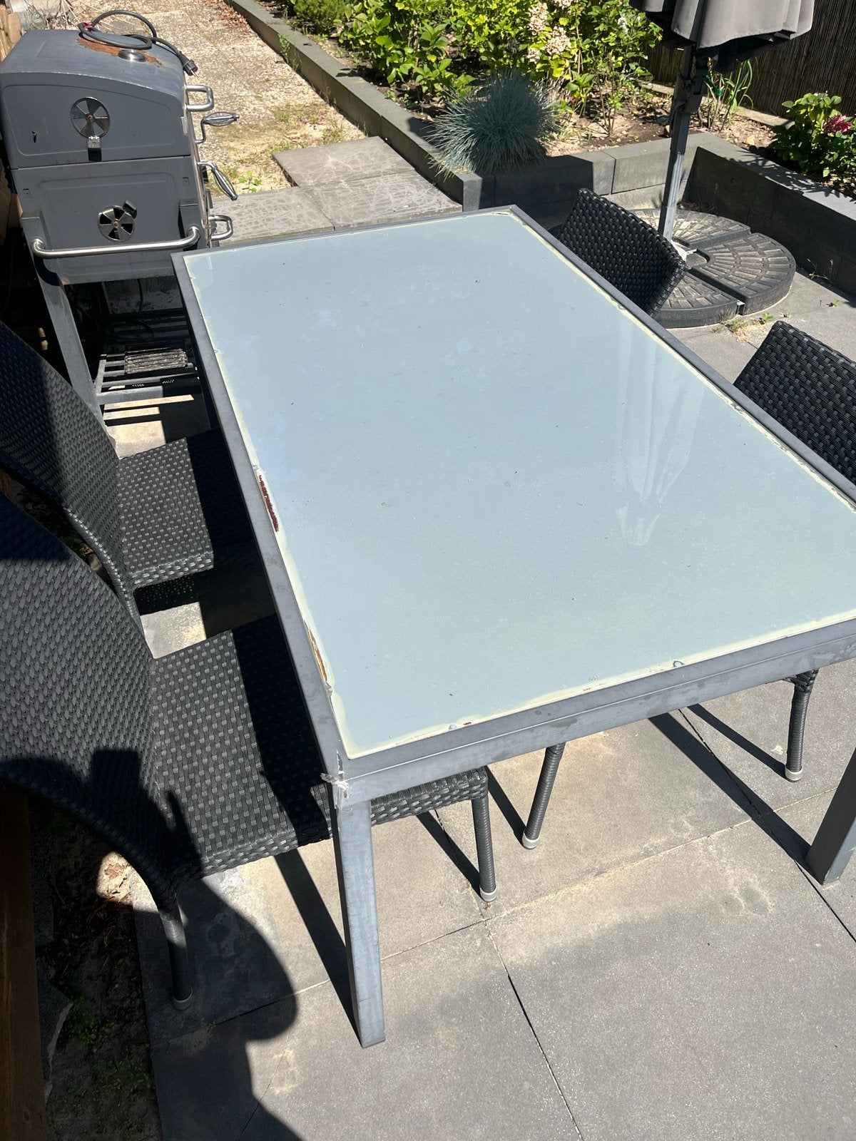 Tuinset met 4 stoelen en glazen tafel, Ophalen, 4 zitplaatsen, Gebruikt, Eettafel