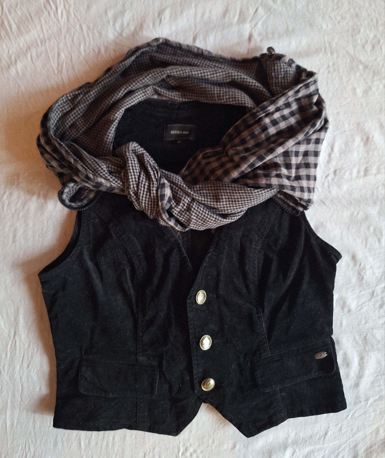 Geisha Denim Velours Gilet Zwart met Afritsbare Sjaal Maat M, Geisha Denim, Ophalen of Verzenden, Zo goed als nieuw