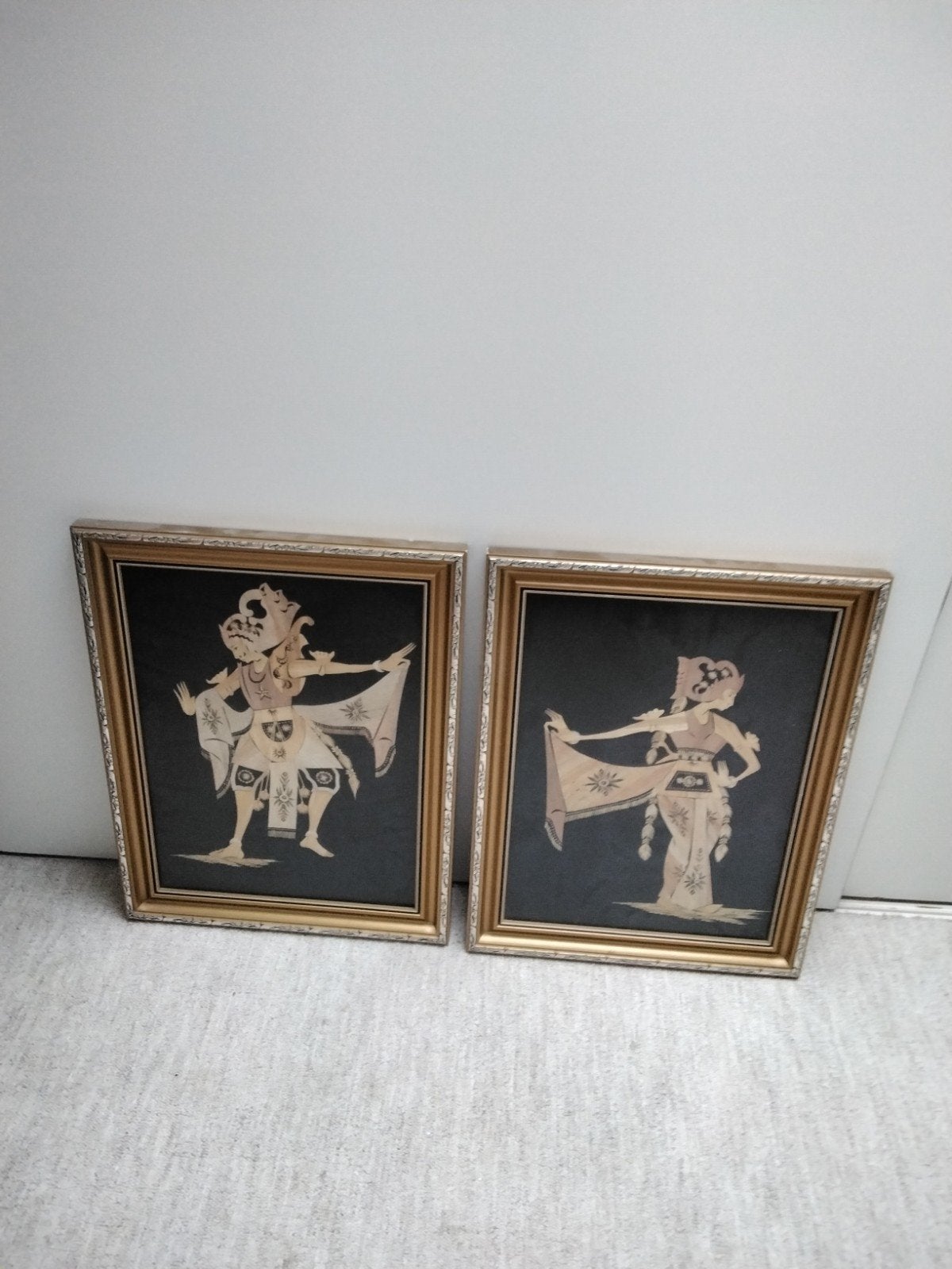 2 vintage schilderijen van ingelegd rijststro achter glas, Ophalen of Verzenden