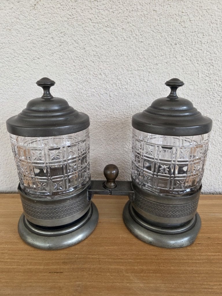 Oude condiments potjes, zilver of tin, voorraadpotjes, Ophalen of Verzenden