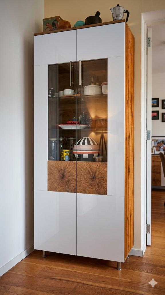 Vitrinekast, hoogglans wit met hout print, glas, 187x75x36, Ophalen, Met deur(en), 50 tot 100 cm, Modern
