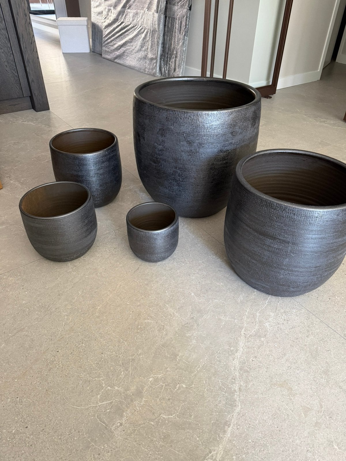 set  grijs/zwart zilvere bloempotten 5st binnen, Tuin en Terras, Ophalen, Rond, Binnen, Zo goed als nieuw