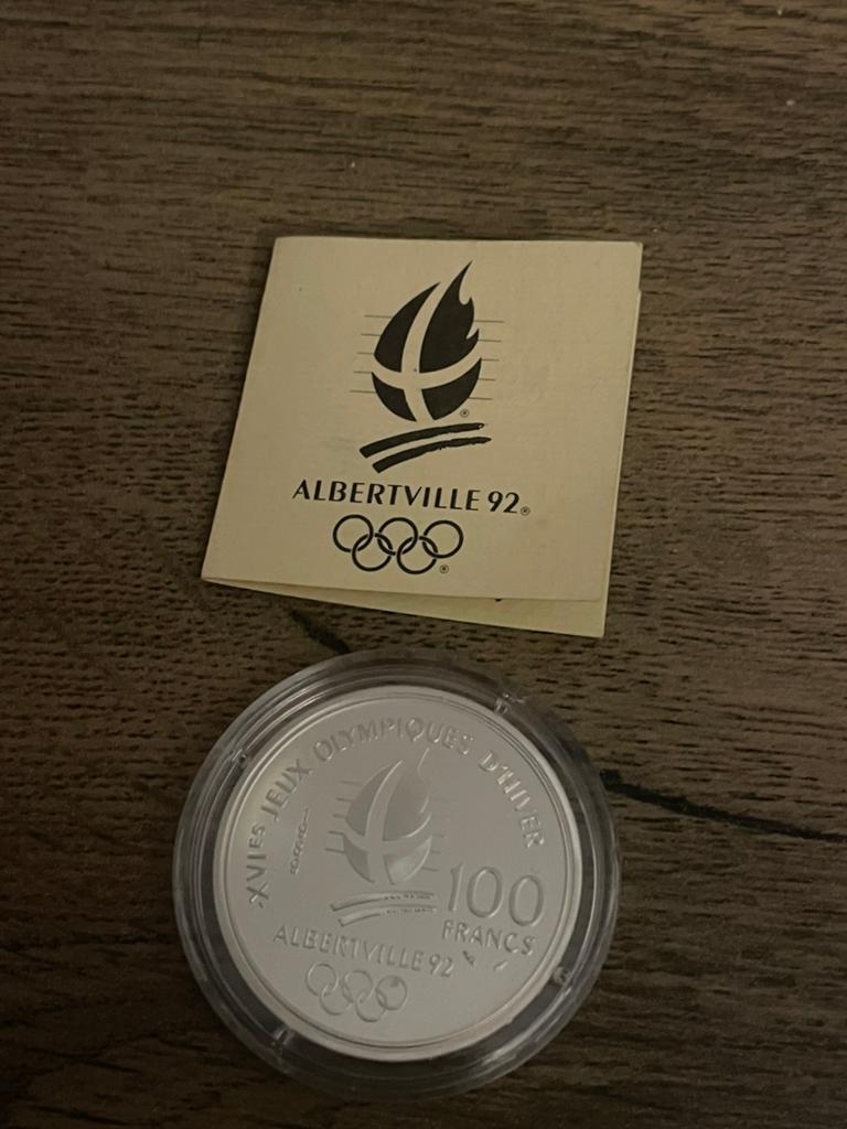 Zilveren munt 100 francs Albertville olympische spelen, Postzegels en Munten, Ophalen of Verzenden, Overige landen