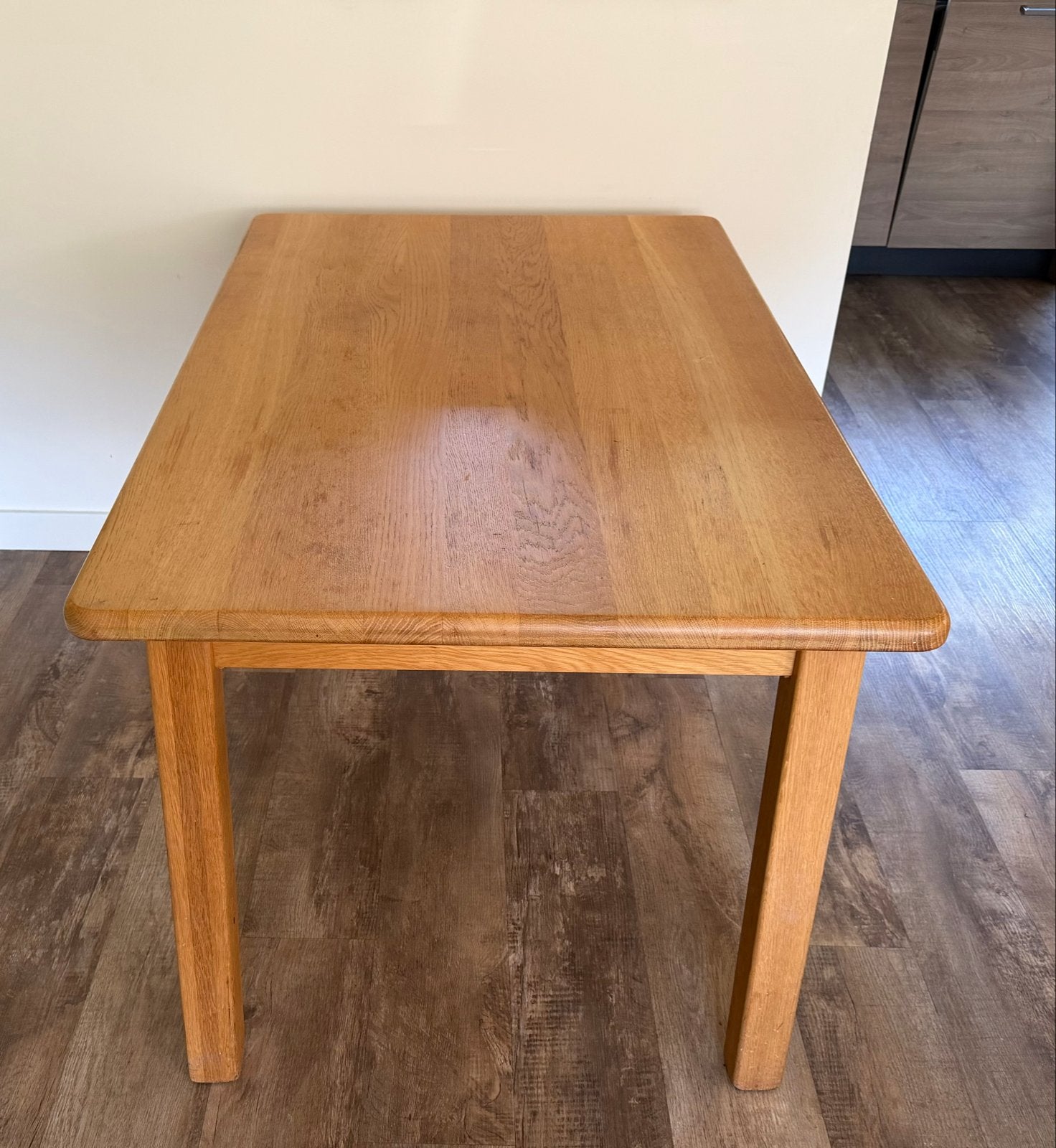Massief eiken eettafel - uitschuifbaar, Gebruikt, Eikenhout, Vijf personen of meer, 150 tot 200 cm