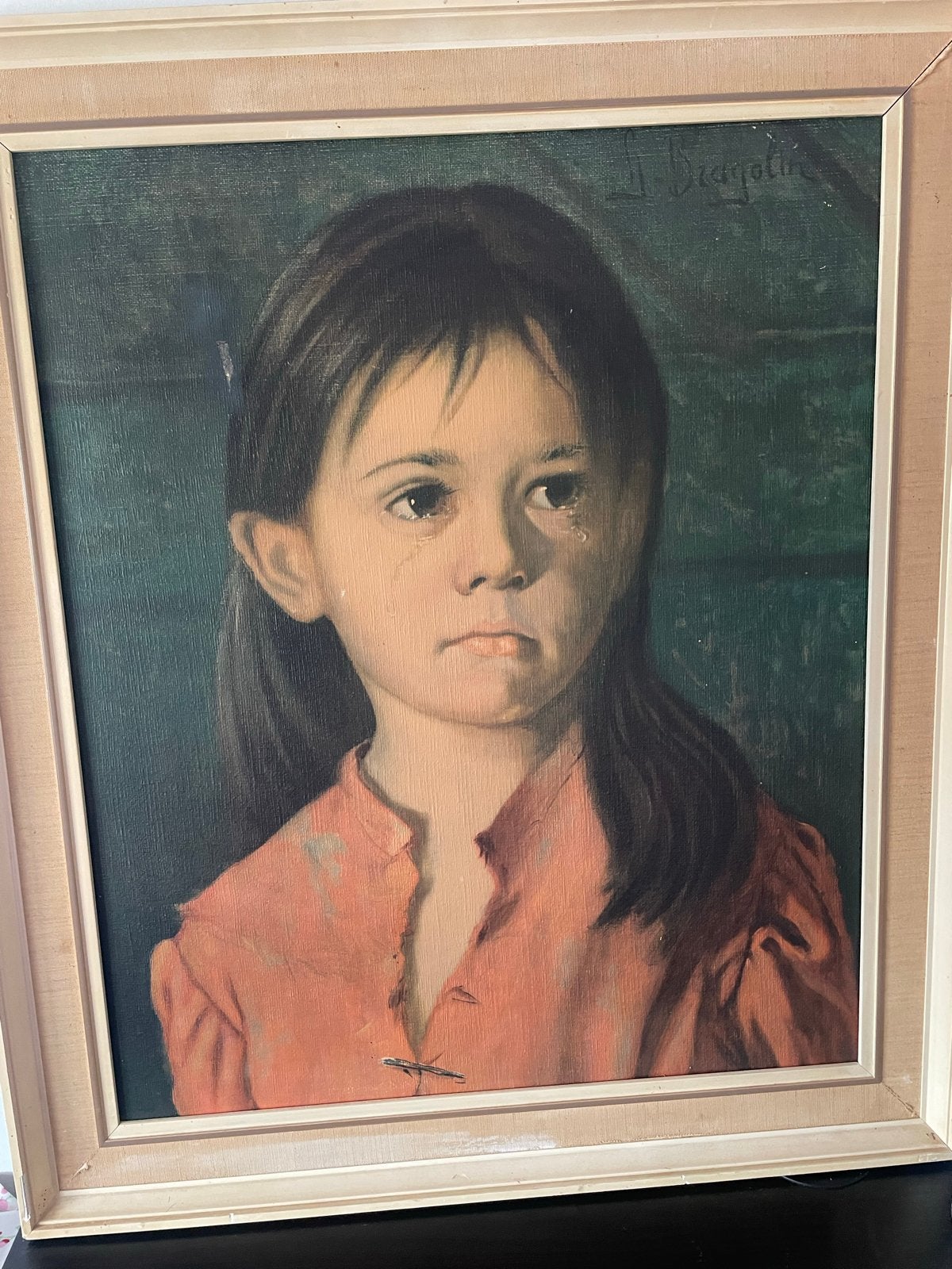 Vintage Portret Huilend Meisje Olieverf Schilderij, Doek, Portret of Personen, Realistisch, Ophalen of Verzenden