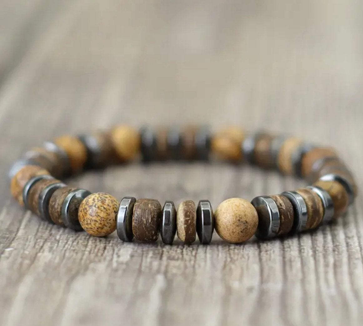 Stylish men’s bracelet wood, fossil stone and hematite, Sieraden, Tassen en Uiterlijk, Armbanden, Ophalen of Verzenden, Nieuw