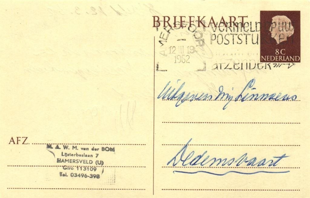 M.A.W.M. van der Bom, Hamersveld [U] - 03.1962 - briefkaart, Ophalen of Verzenden, Briefkaart
