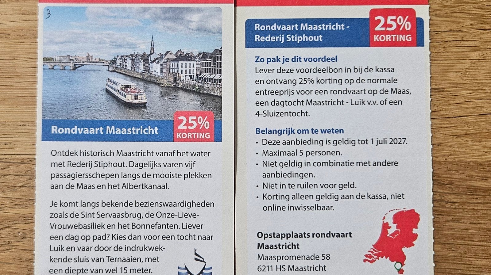 Rondvaart Maastricht - Rederij Stiphout 25% korting., Tickets en Kaartjes, Drie personen of meer, Kortingsbon