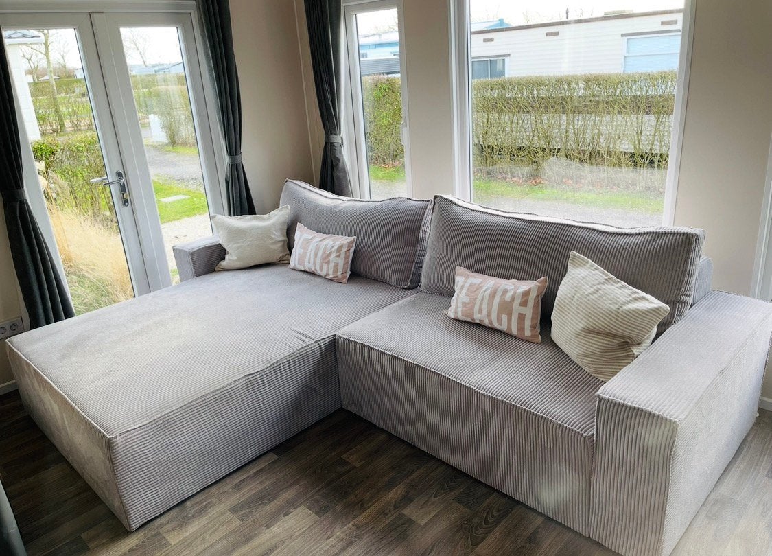 Hoekbank met slaapfunctie – grijze ribstof – 265 cm, Ophalen, Zo goed als nieuw, Stof, Moderne grove ribstof