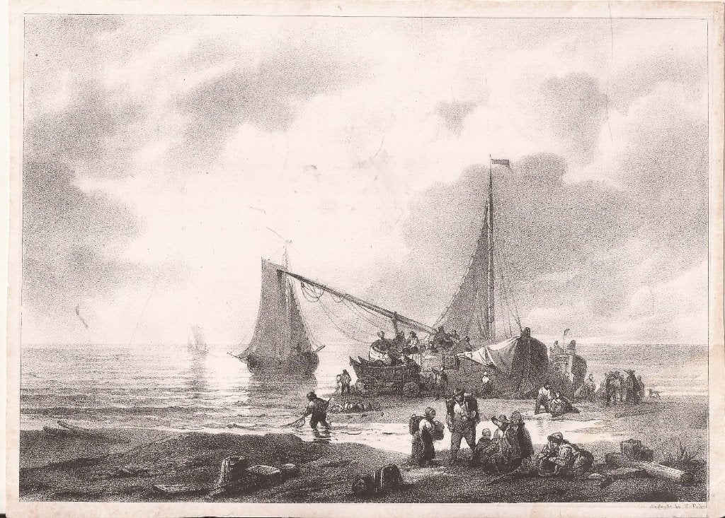 Twee bomschuiten op het strand Litho C.A.A Last ca. 1850, 1800 - 1899, Ophalen of Verzenden, 15 cm, 20 cm