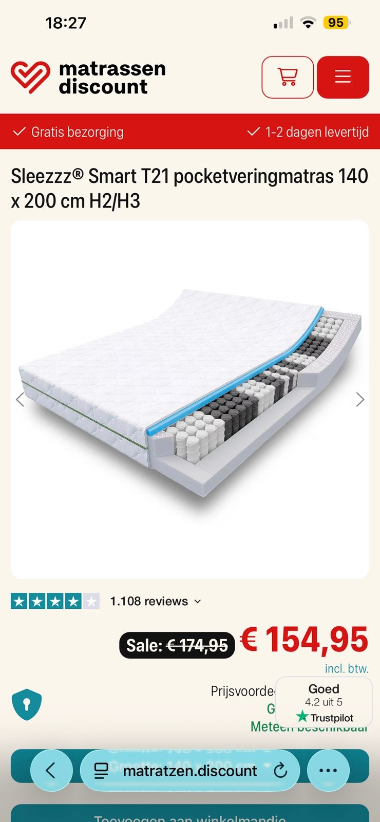 Tweepersoonsbed met matras en twee hoeslakens, Ophalen, Beige, Tweepersoons, 140 cm