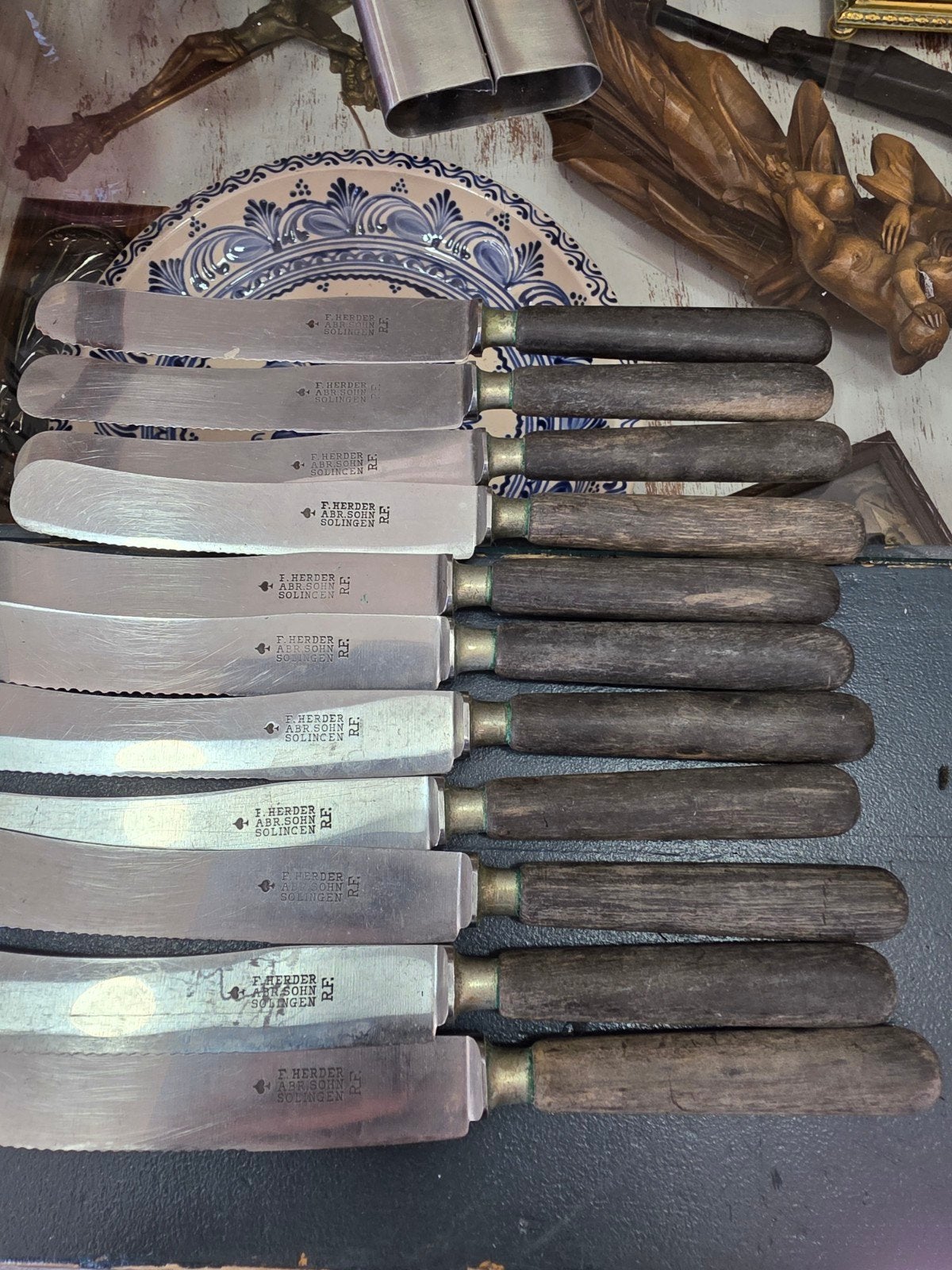 11 antieke F. Herder Solingen messen met houten handvat, Ophalen of Verzenden