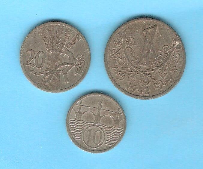 Böhmen und Mähren 1 Krone/Heller 1942 Zink, 1941 20 en 10, Ophalen of Verzenden, Overige landen, Setje