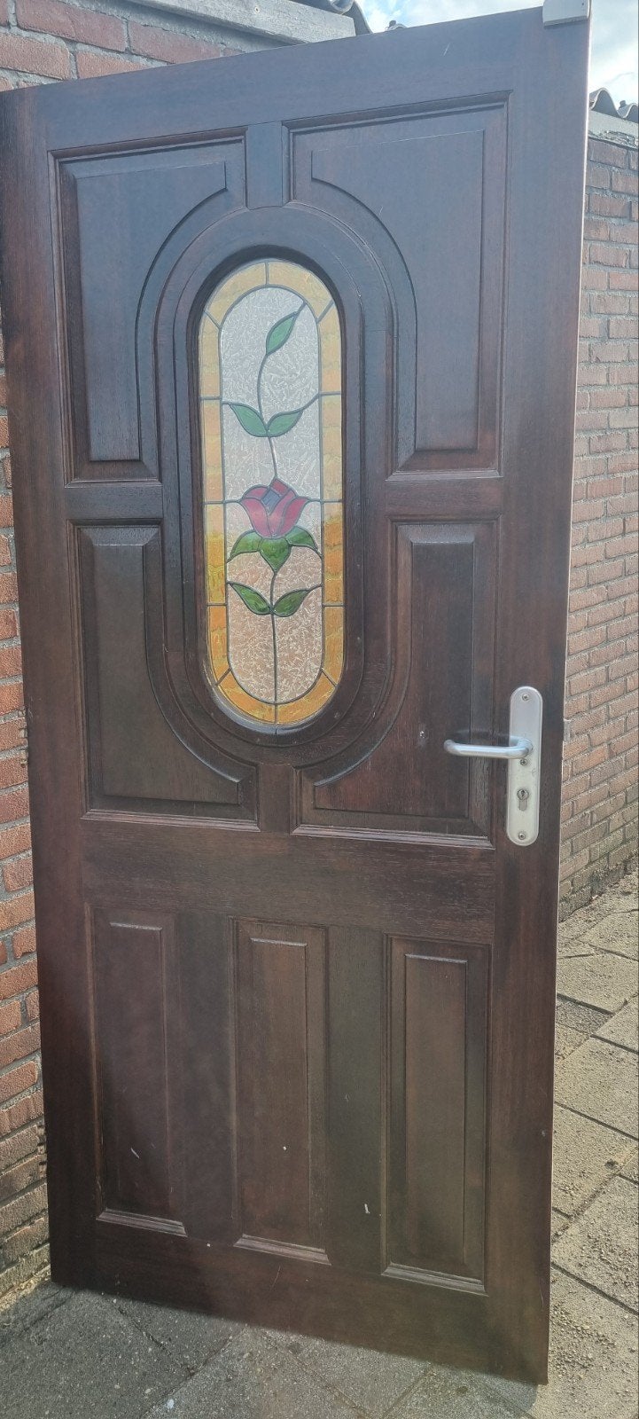 zware massieve hardhouten voordeur met glas in lood raam, Ophalen