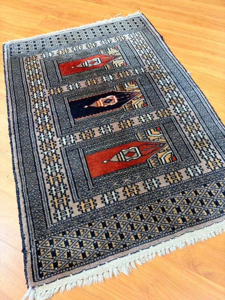 Vintage Perzisch kleedje taupe blauw roestbruin 90/61