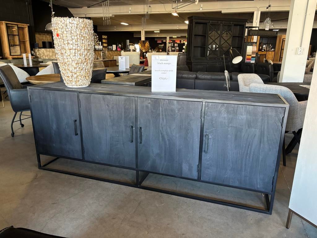 Dressoir 220 cm zwart mangohout - showroommodel, Ophalen, Zo goed als nieuw, 200 cm of meer, 25 tot 50 cm