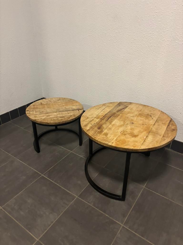 Ronde mango hout/ metalen bijzettafels/ salontafels, Ophalen, 50 tot 100 cm, Rond, Zo goed als nieuw